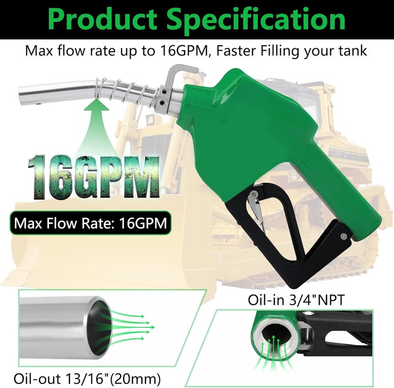 Azdele 3/4" NPT Automatic Fuel Nozzle with Hook, Gas Pump Handle Fuel Nozzle, 9-16 GPM (3-speed Padlock) for Gasoline, Diesel, Biodiesel up to B20, E15 & Kerosene - Image 3